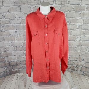 Chico's Linen Long Button Front Shirt Coral Size 3=XL Travel Breathable